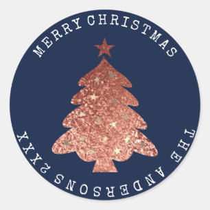 Sticker Rond Joyeux Noël Arbre Rose Gold Blue Navy
