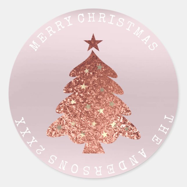 Sticker Rond Joyeux Noël Arbre Rose Gold Lavender Pastel (Devant)