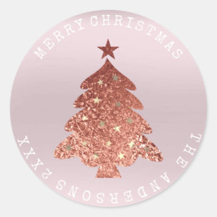 Sticker Rond Joyeux Noël Arbre Rose Gold Lavender Pastel