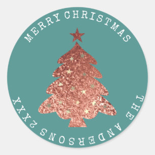 Sticker Rond Joyeux Noël Arbre Rose Or Turquoise Pastel