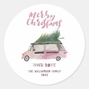 Sticker Rond Joyeux Noël Arbre Van Watercolor Vacances