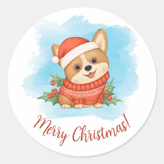 Sticker Rond Joyeux Noël au Corgi Mignon (Devant)