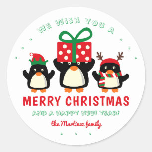 Sticker Rond Joyeux Noël aux mignons pingouins