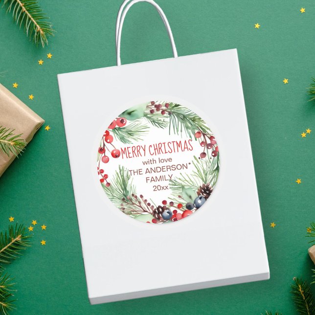 Sticker Rond Joyeux Noël baies d'hiver pines wath (Merry Christmas watercolor winter berries pine wreath stickers)