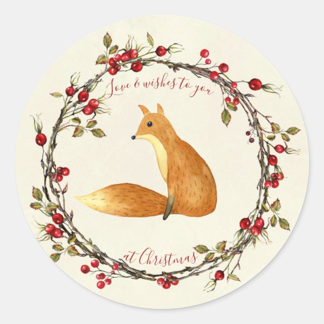 Sticker Rond Joyeux Noël baies fraises à couronnes renard étiqu (Devant)