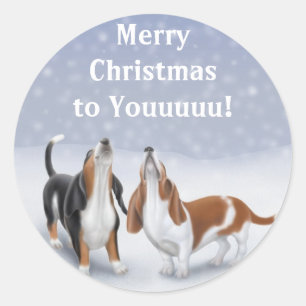 Sticker Rond Joyeux Noël Basset Hounds