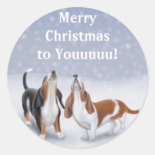 Sticker Rond Joyeux Noël Basset Hounds (Devant)