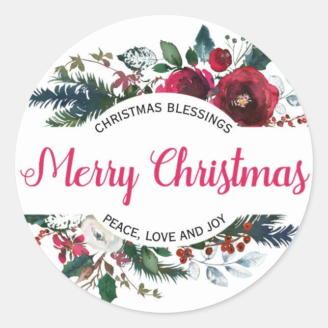 Sticker Rond Joyeux Noël Bénédiction Floral Rouge (Devant)