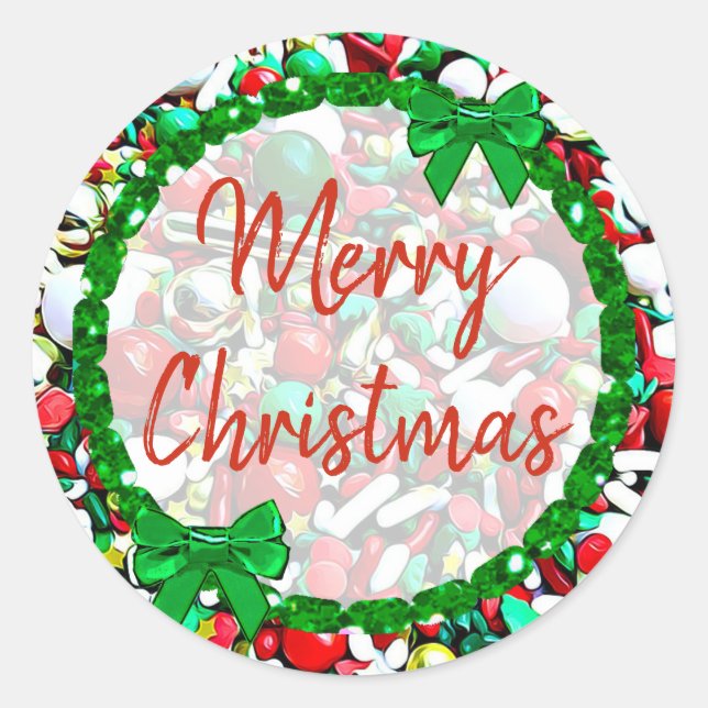 Sticker Rond Joyeux Noël blanc, Rouge Vert Vacances arrosées (Devant)