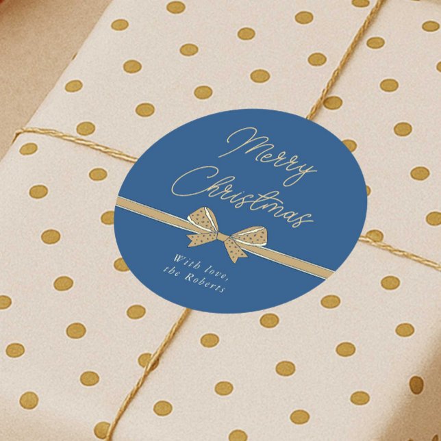 Sticker Rond Joyeux Noël Bleu et crème Ruban manuscrit (Modern whimsical bow blue and cream Christmas stickers)