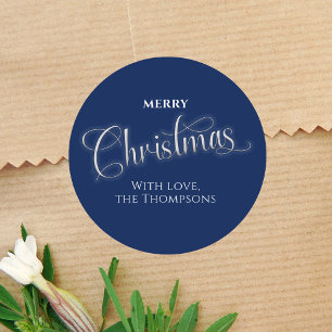 Sticker Rond Joyeux Noël bleu marine Script personnalisé