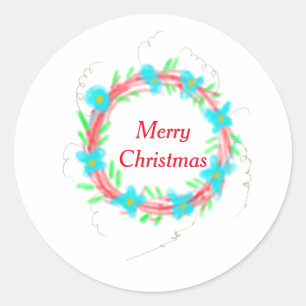 Sticker Rond Joyeux Noël bleu rouge guirlande aquarelle vacance
