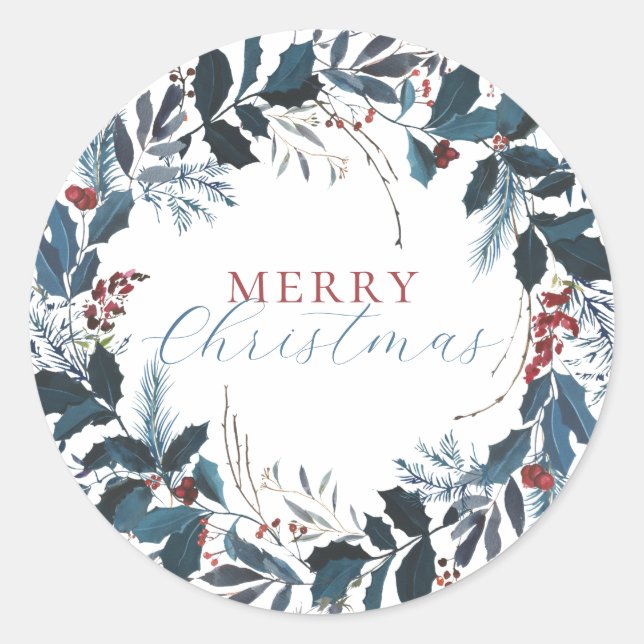 Sticker Rond Joyeux Noël Bleu Vert Holly Aquarelle (Devant)