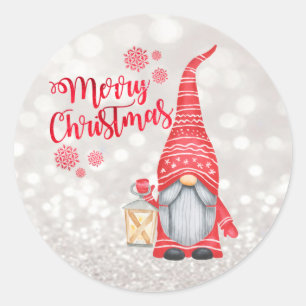 Sticker Rond Joyeux Noël, Bokeh scintillant, Gnome mignon  