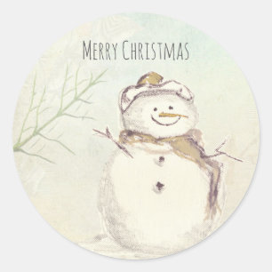 Sticker Rond Joyeux Noël Bonhomme de Neige Flocons Hiver