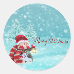 Sticker Rond Joyeux Noël, Bonhomme de neige mignon avec un chap