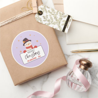 Sticker Rond Joyeux Noël Bonhomme de neige mignon lilas moderne