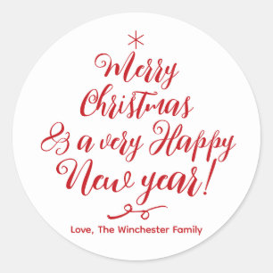Sticker Rond Joyeux Noël Bonne Année écriture rouge moderne