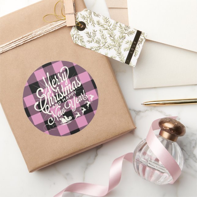 Sticker Rond Joyeux Noël Bonne année Fuchsia Black Check (Cadeaux)