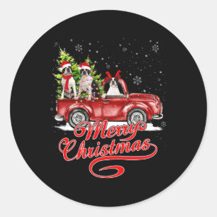 Sticker Rond Joyeux Noël Boston Terrier Chiens Père Noël Reinde