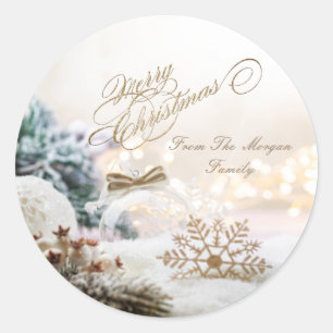 Sticker Rond Joyeux Noël Boules Blanches Flocons de neige