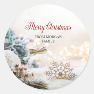 Sticker Rond Joyeux Noël Boules Blanches Flocons de Neige