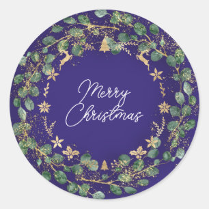 Sticker Rond Joyeux Noël Brown vert Wreath Woodland Blue