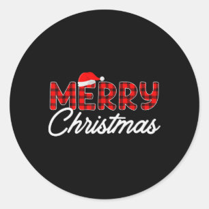 Sticker Rond Joyeux Noël Buffalo Carreaux Rouge Chapeau de Père