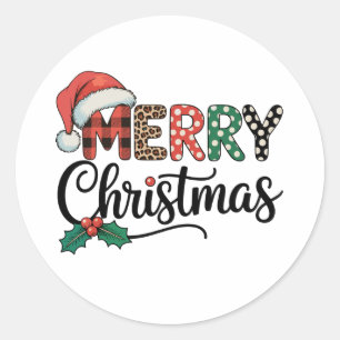 Sticker Rond Joyeux Noël Buffalo Plaid Chapeau de Père Noël Amo
