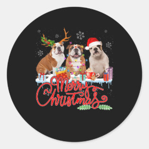 Sticker Rond Joyeux Noël Bulldog Lover Père Noël Reindeer Light