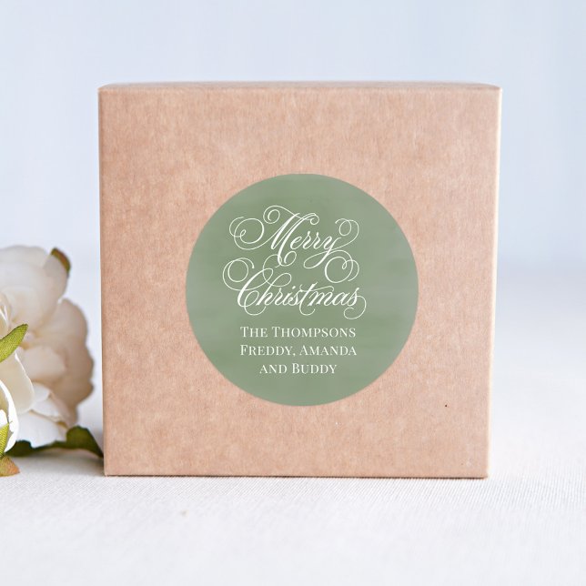 Sticker Rond Joyeux Noël Calligraphie Script vert (Merry Christmas holiday custom gift sticker. )