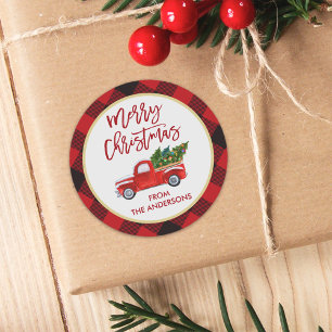 Sticker Rond Joyeux Noël Camion Rouge Plaid Buffalo
