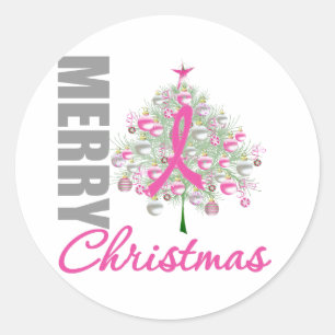 Sticker Rond Joyeux Noël Cancer du Sein Pink Ribbon Wreath