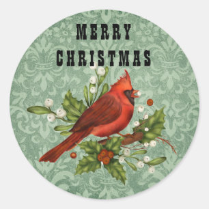 Sticker Rond Joyeux Noël Cardinal Rouge Vintage