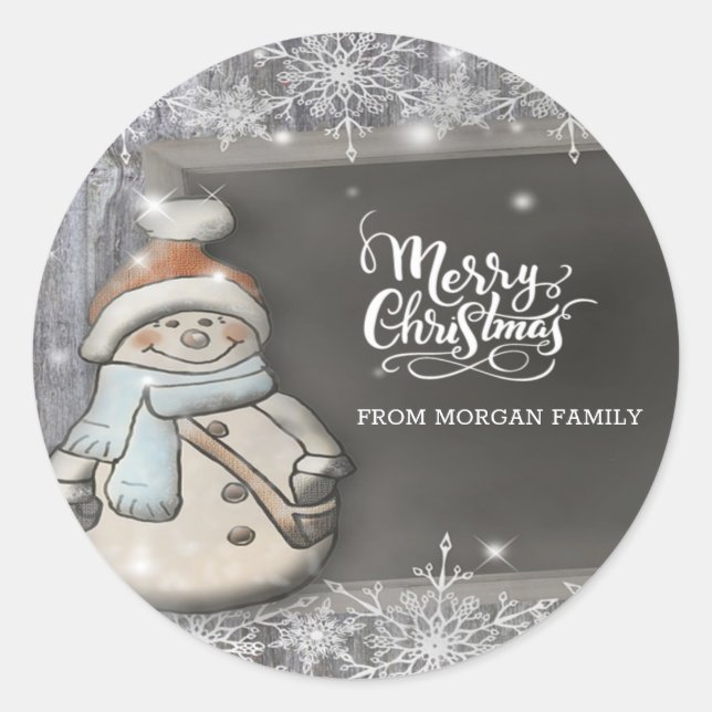 Sticker Rond Joyeux Noël, Charmant bonhomme de neige, Snowflake (Devant)