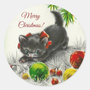 Sticker Rond Joyeux Noël Chat Kitty Vintage
