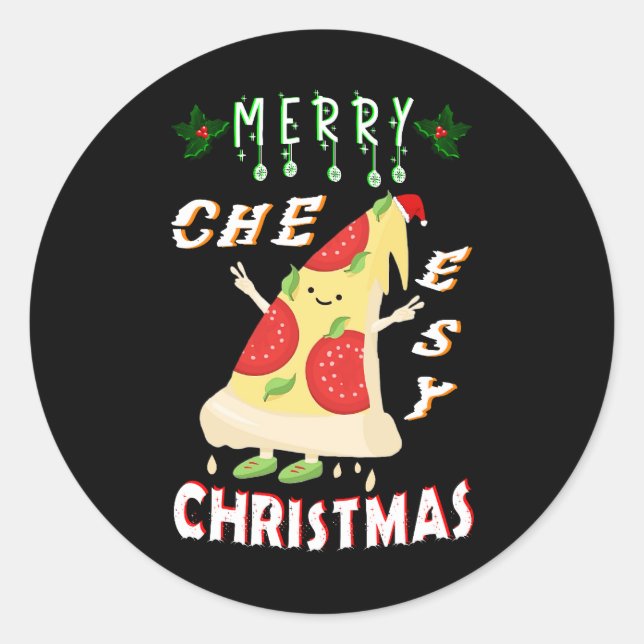 Sticker Rond Joyeux Noël Cheesy Noël Noël Père Noël Pizza Noël (Devant)