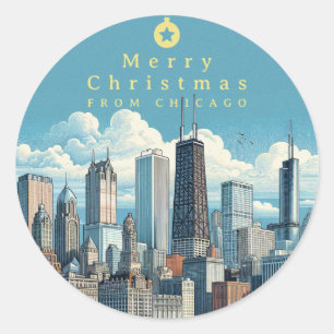 Sticker Rond Joyeux Noël Chicago Skyline Holiday