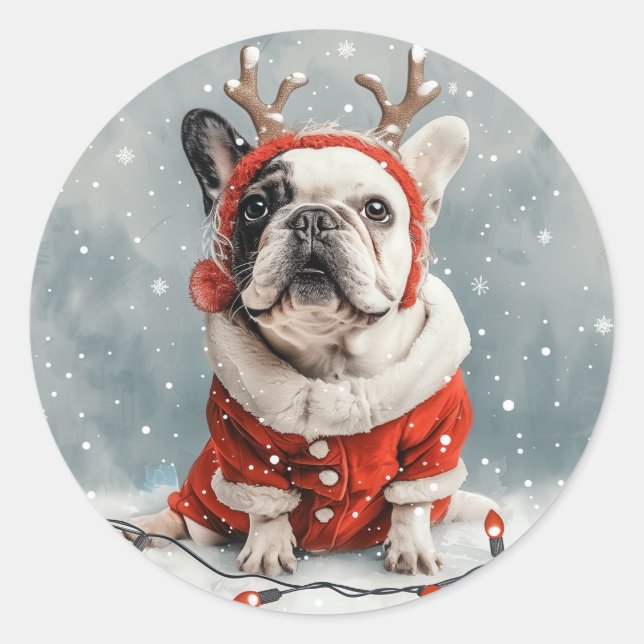 Sticker Rond Joyeux Noël Chien de rennes Français Bulldog (Devant)