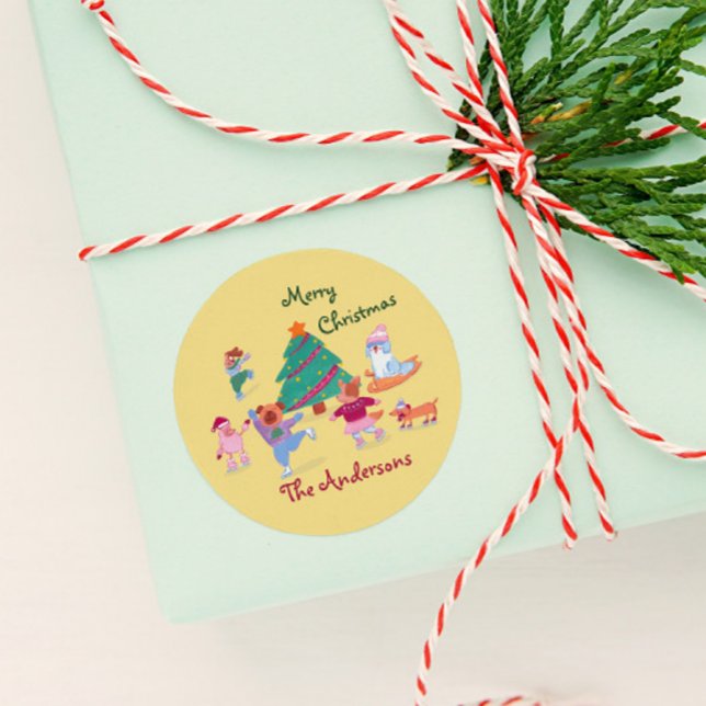Sticker Rond Joyeux Noël Chien Ice Patinage Nom Pastel Jaune (Créateur téléchargé)