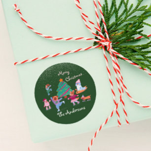 Sticker Rond Joyeux Noël Chien Ice Patinage Nom Vert