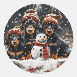 Sticker Rond Joyeux Noël Chiens Chiens Snowman