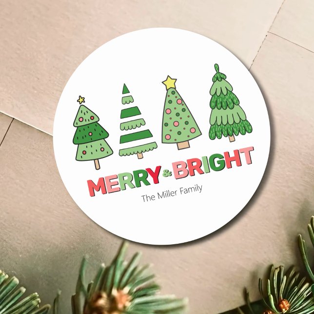 Sticker Rond Joyeux Noël Coloré et Lumineux (Cute Colorful Christmas Merry And Bright Classic Round Sticker)