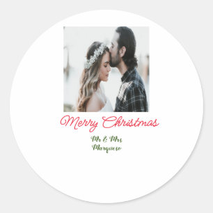 Sticker Rond Joyeux Noël couple photo ajouter nom heureux vacan