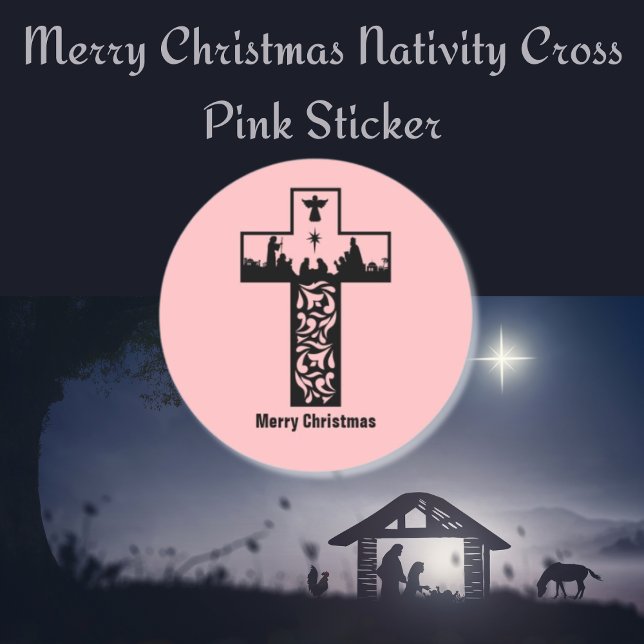 Sticker Rond Joyeux Noël crèche croix rose (Merry Christmas Nativity Cross Pink Classic Round Sticker)