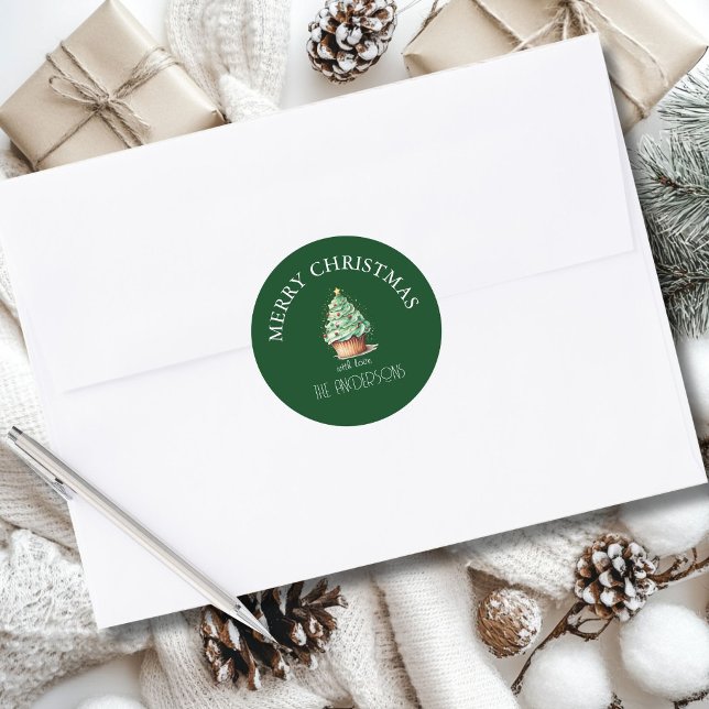 Sticker Rond Joyeux Noël! Cupcake-Noël-Arbre (Créateur téléchargé)