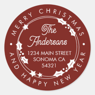 Sticker Rond Joyeux Noël Custom Script Adresse Wreath Red