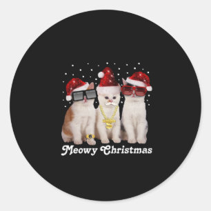 Sticker Rond Joyeux Noël Cute Chat avec Père Noël