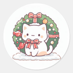 Sticker Rond Joyeux Noël Cute Kitty Chat