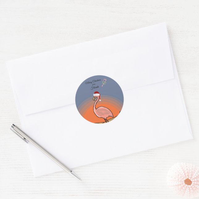 Sticker Rond Joyeux Noël de Floride, Flamant rose, (Enveloppe)